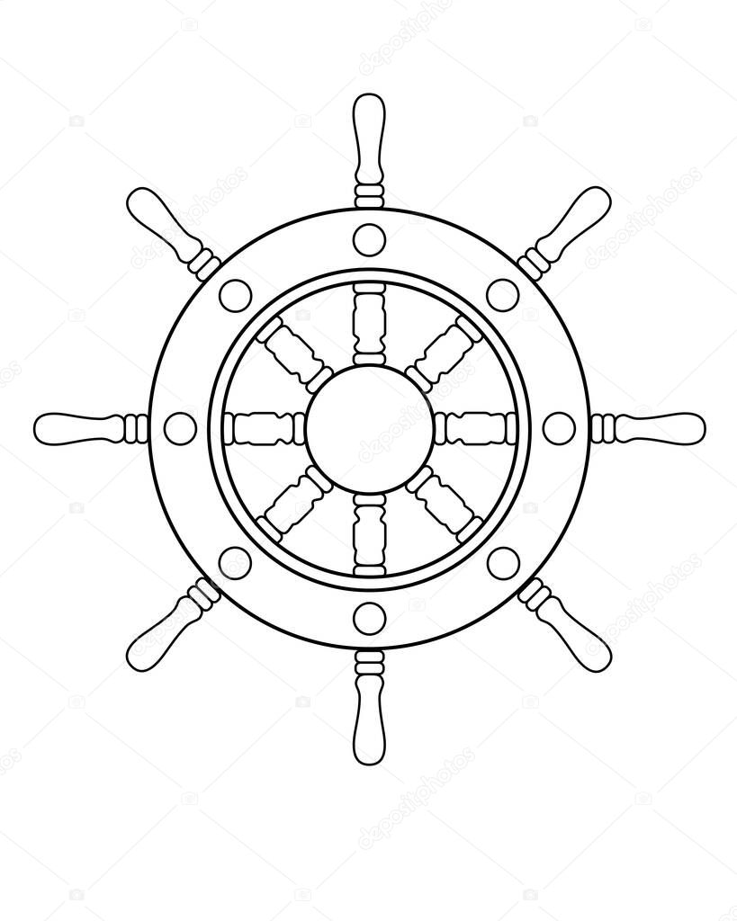Steering wheel - vector linear picture for coloring. Steering wheel of a ship or yacht - an element for a book of coloring books. Outline. Hand drawing on the theme of the sea and seafaring.