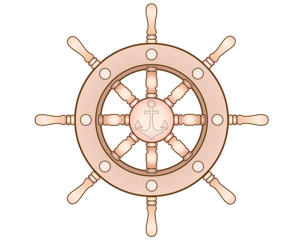 Steering wheel with an anchor - vector full color picture. Steering wheel of a ship or yacht. Drawing on the theme of the sea and navigation. Wooden steering wheel of a ship.