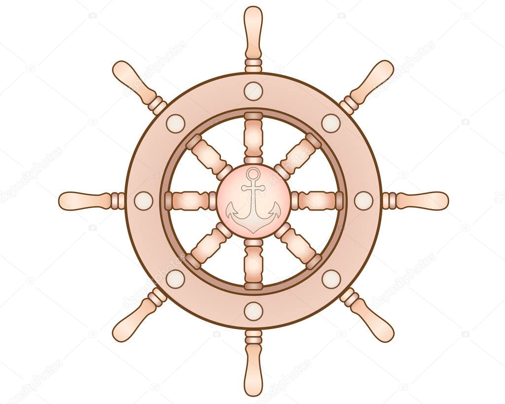 Steering wheel with an anchor - vector full color picture. Steering wheel of a ship or yacht. Drawing on the theme of the sea and navigation. Wooden steering wheel of a ship.