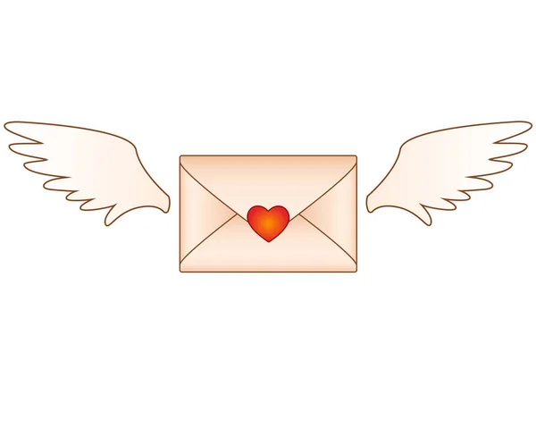 情人节信封与心脏和翅膀矢量全彩色图片 带着情书的飞行信封用心形密封的带翅膀的牛皮纸信封 — 图库矢量图片