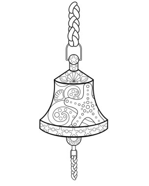 Gemi çanı - stres önleyici boyama kitabı - boyama için vektör doğrusal resim. Özet geç. Halatlarla sinyal vermek için gemi çanı - yelkencilik ve gemiler hakkında renk vermek için bir unsur.