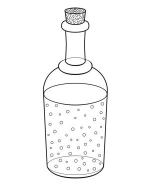 Bir şişe karbonatlı içecek veya şampanya tıpası boyama için vektör lineer resmi. Özet geç. Şişe - renklendirme için bir element.