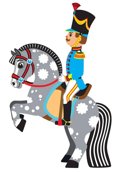 Cartoon soldier on a grey horse — Stock Vector