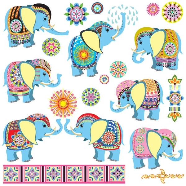 Elefanti del fumetto decorati — Vettoriale Stock