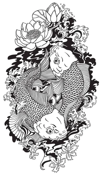 Dos koi tatuaje blanco y negro — Vector de stock