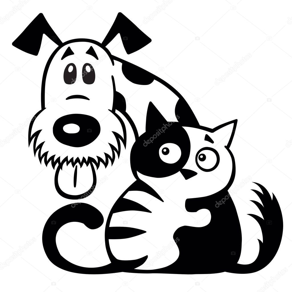 Cartoon little cat hugging his dog friend. Pets friendship. Black and white logo