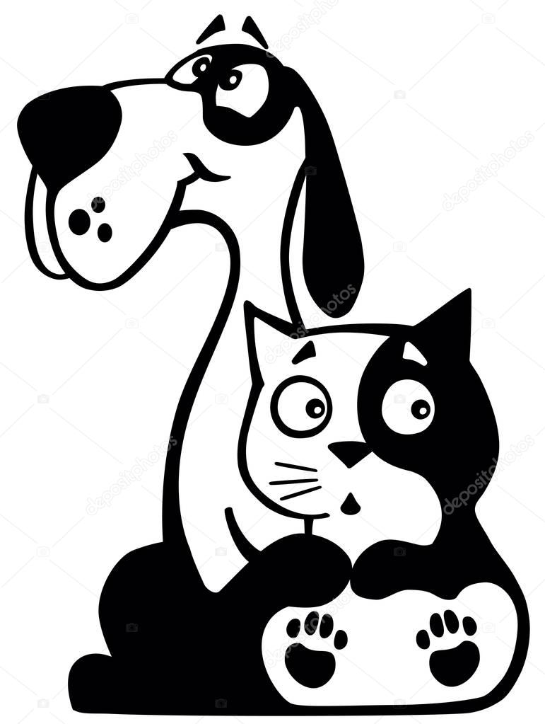 Dog and cat together . Black and white cartoon logo
