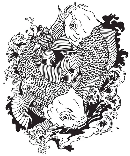 Dos peces koi blanco negro — Vector de stock