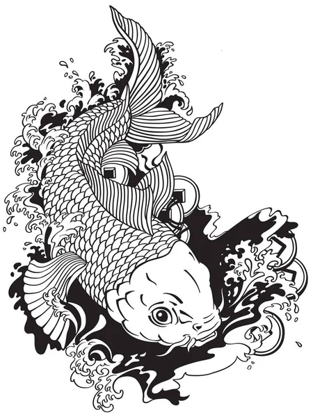 Japanese carp koi black white — Stock Vector