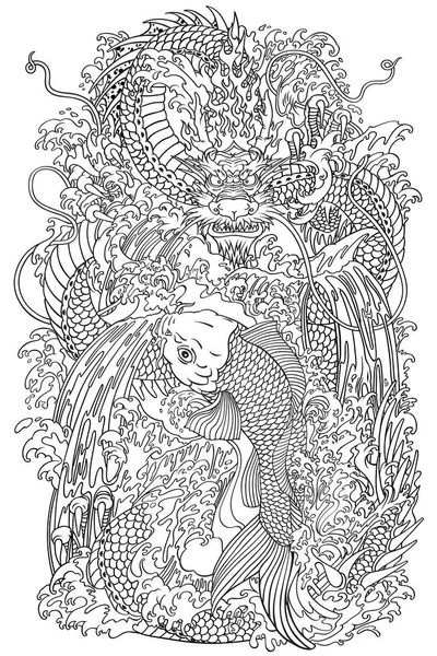 Koi y dragón contorno de la puerta — Archivo Imágenes Vectoriales