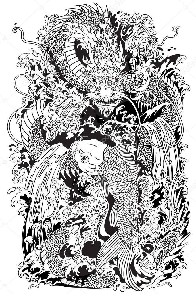koi carp fish and dragon gate. Black and white illustration 