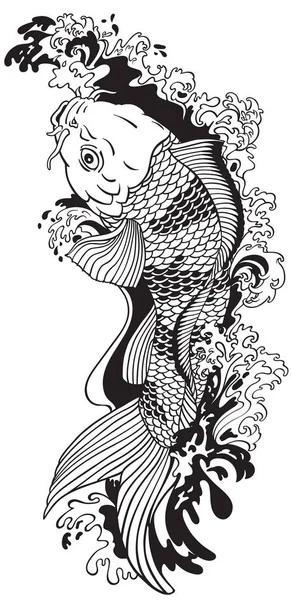 锦鲤金鱼游上游 黑白矢量插图纹身风格图 — 图库矢量图片