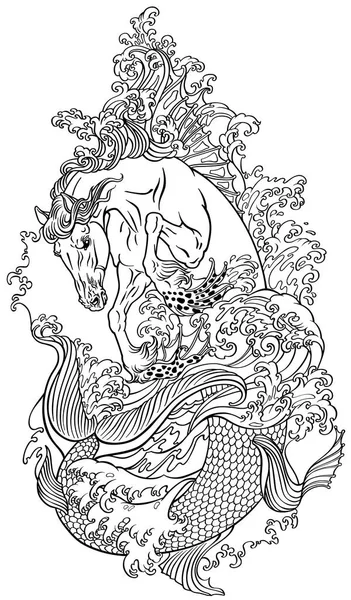 Mythologische Seepferdchen Hippocampus Oder Hippocamp Wasser Umriss Vektor Illustration Malvorlage — Stockvektor