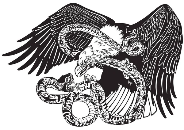 Aquila Che Combatte Serpente Illustrazione Vettoriale Stile Tatuaggio Bianco Nero — Vettoriale Stock
