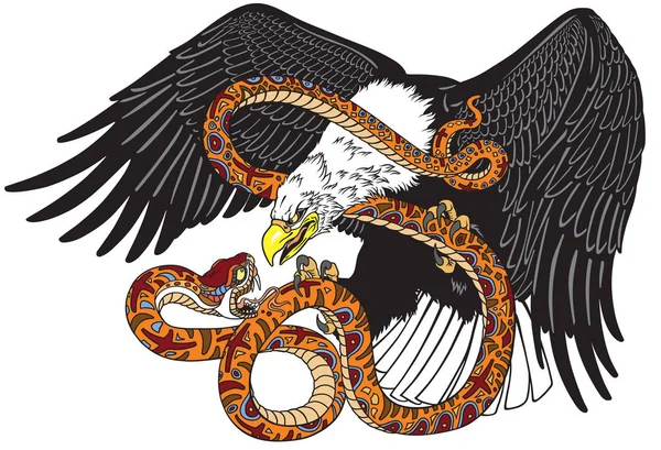 Águila Luchando Contra Una Serpiente Serpiente Ilustración Vectorial Estilo Tatuaje — Vector de stock