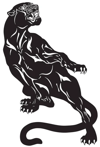 Panthère Noire Colère Pose Attaque Illustration Vectorielle Tatouage Noir Blanc — Image vectorielle