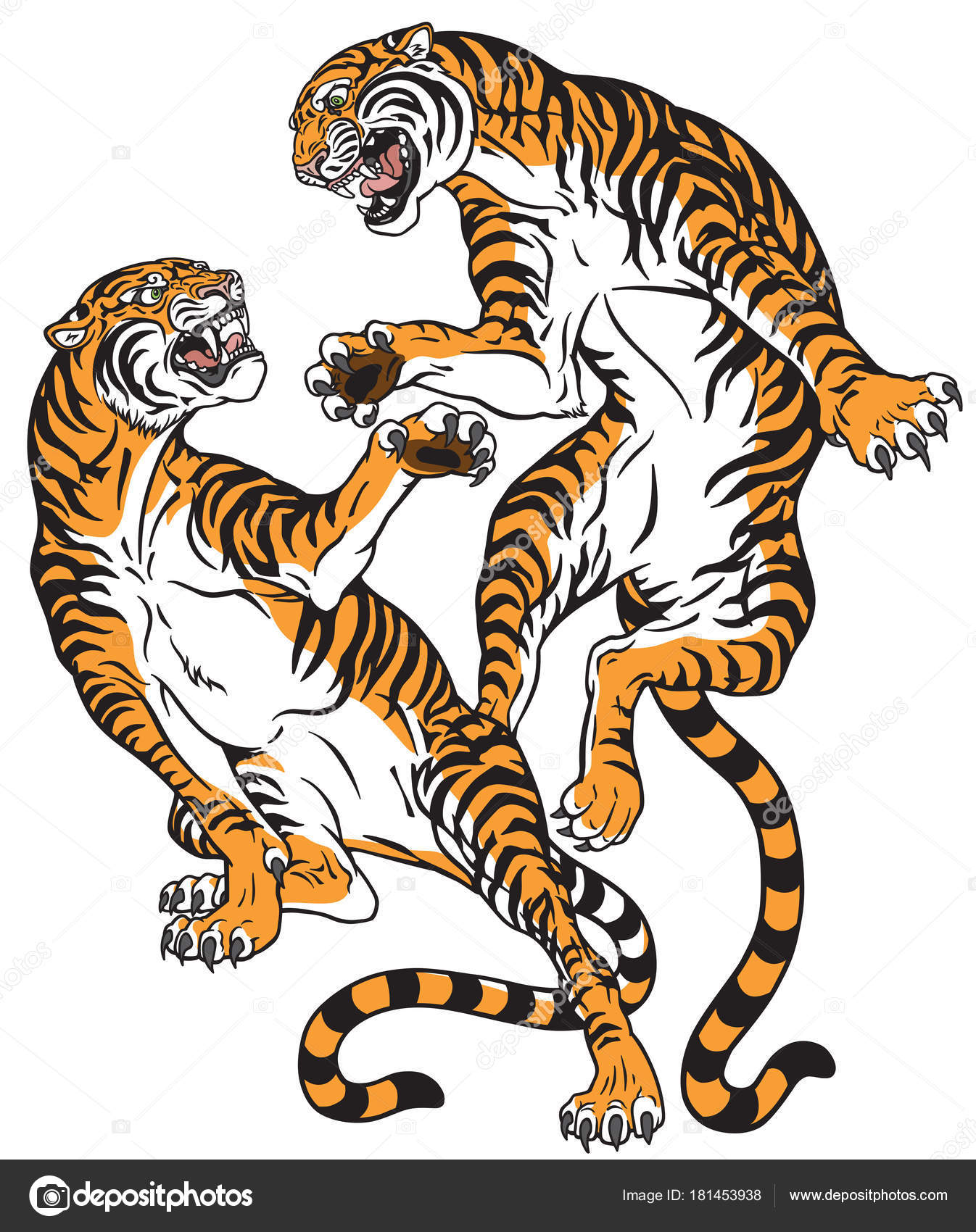 戦いのトラのペア つの戦いの大きな猫 タトゥー スタイル分離ベクトル図 ストックベクター ©insima 181453938, image size:1346x1700
