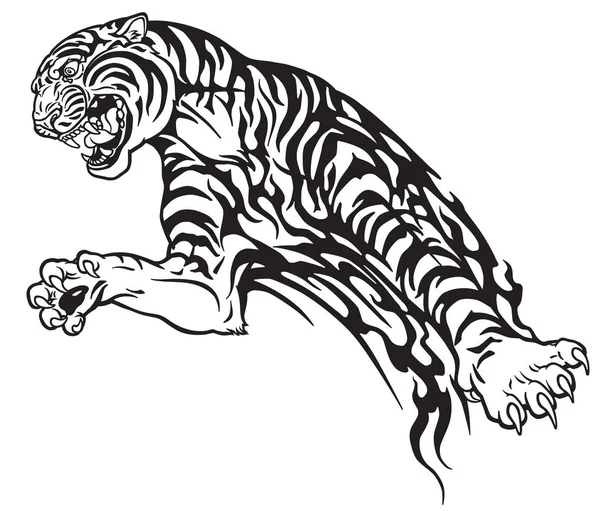 Tiger Jump Aggressive Big Cat Black White Tribal Tattoo Style — Stock Vector