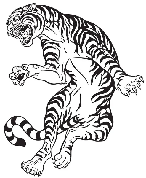 Tigre Colère Dans Saut Illustration Vectorielle Style Tatouage Noir Blanc — Image vectorielle