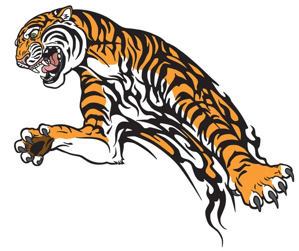 Тигр Прыжке Агрессивный Большой Кот Векторная Иллюстрация Стиле Татуировки — стоковый вектор