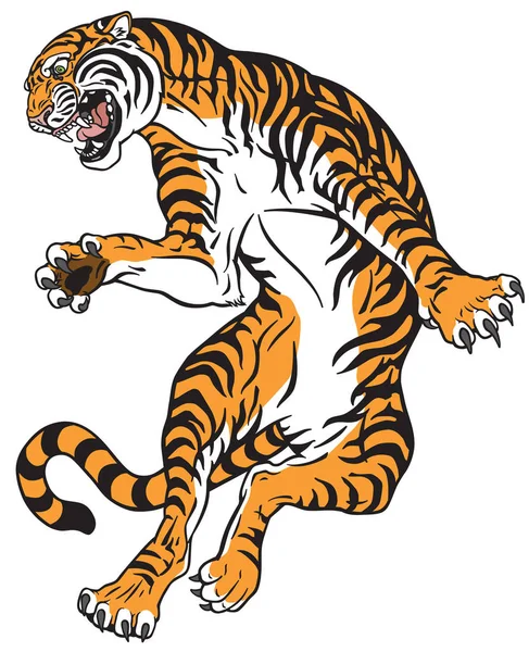 Tigre Colère Dans Saut Illustration Vectorielle Style Tatouage — Image vectorielle
