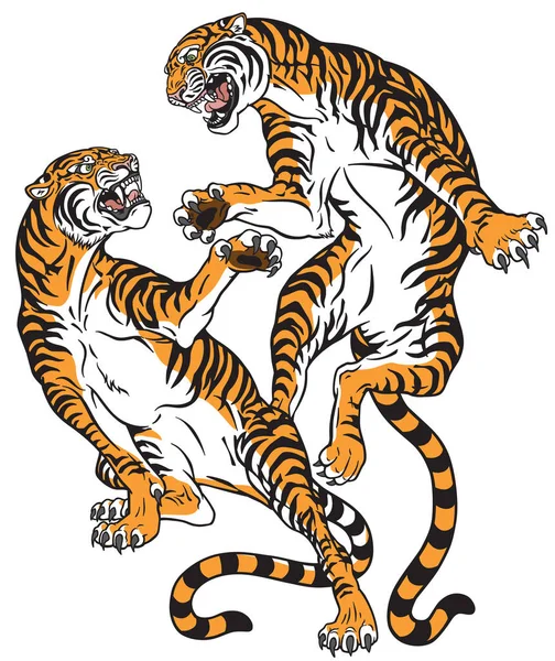 Pair Tigers Battle Two Fighting Big Cats Tattoo Style Vector — Stock Vector