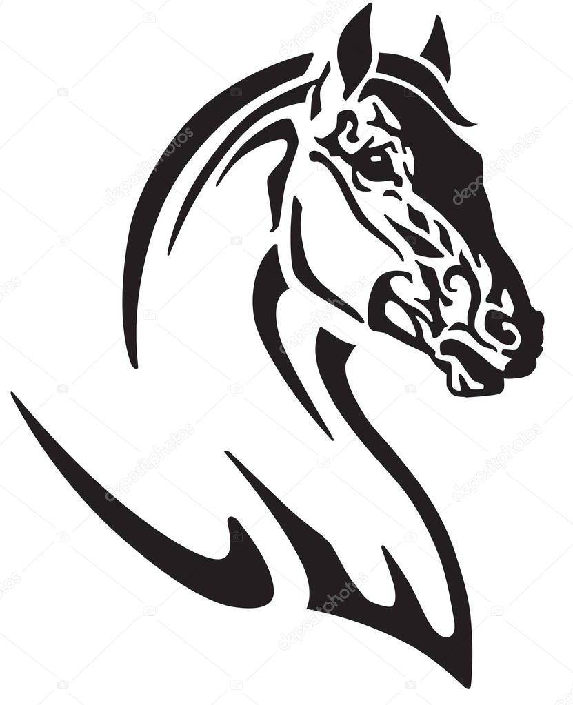 head of horse tribal tattoo, logo, icon . Black and white vector illustration