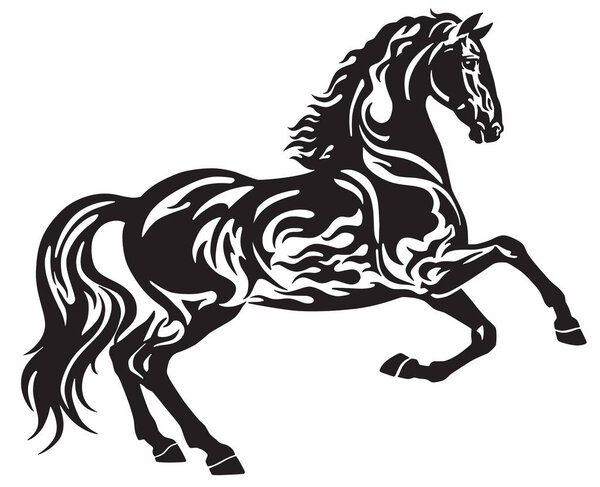 The flaming black stallion horse in free movement . Side view silhouette . Tribal tattoo style vector illustration isolated on the white background 