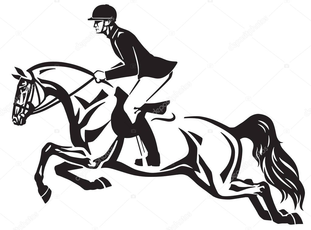 Horse with rider jumping over a fence.Equestrian stadium showjumping .Black and white side view isolated vector illustration. Logo design