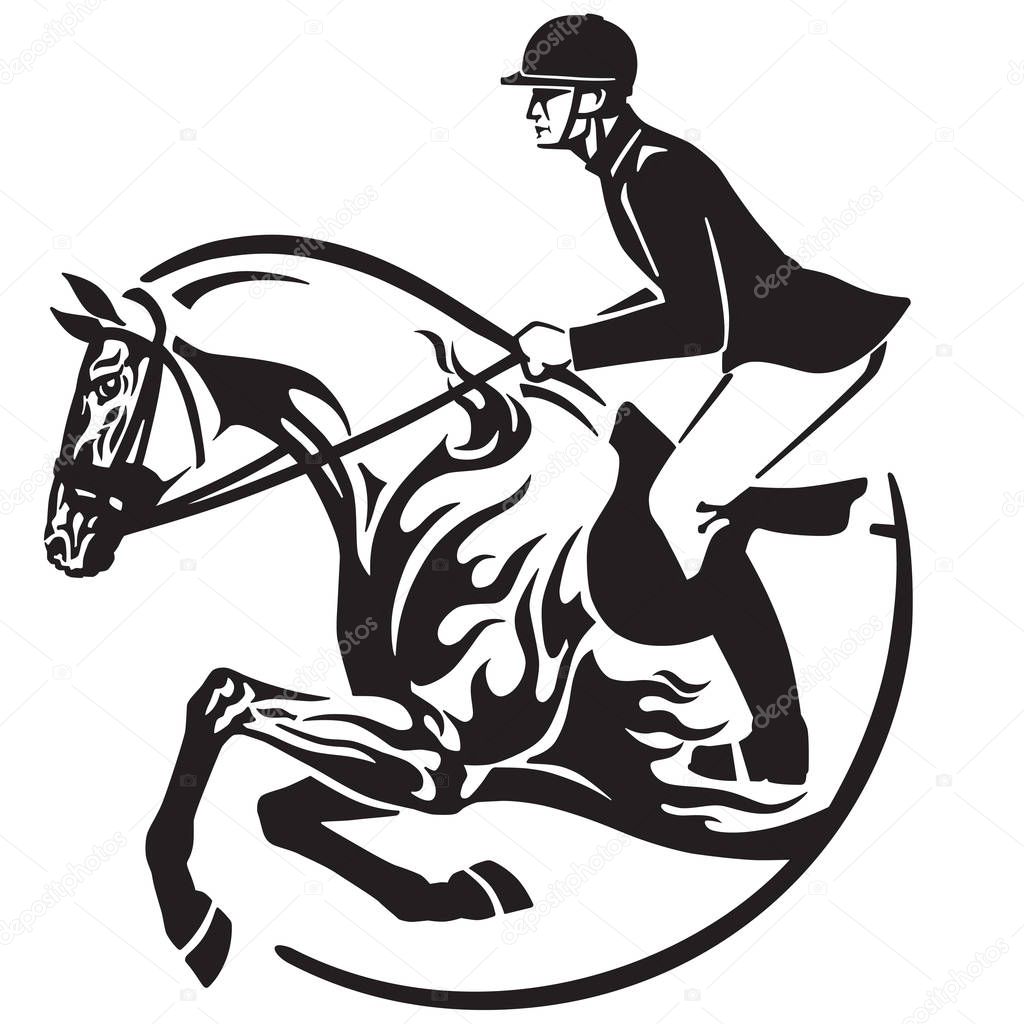 Equestrian sport . Horse show jumping emblem, logo, icon. Black and white vector