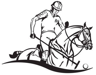 Atlı polo oyuncusu ve midilli at. Bir at üzerinde oturan ve uzun bir tutan atlı bir topa vurmak için tahta çekiç hasta ele. Equine Spor amblemi rozeti. Siyah ve beyaz vektör çizim