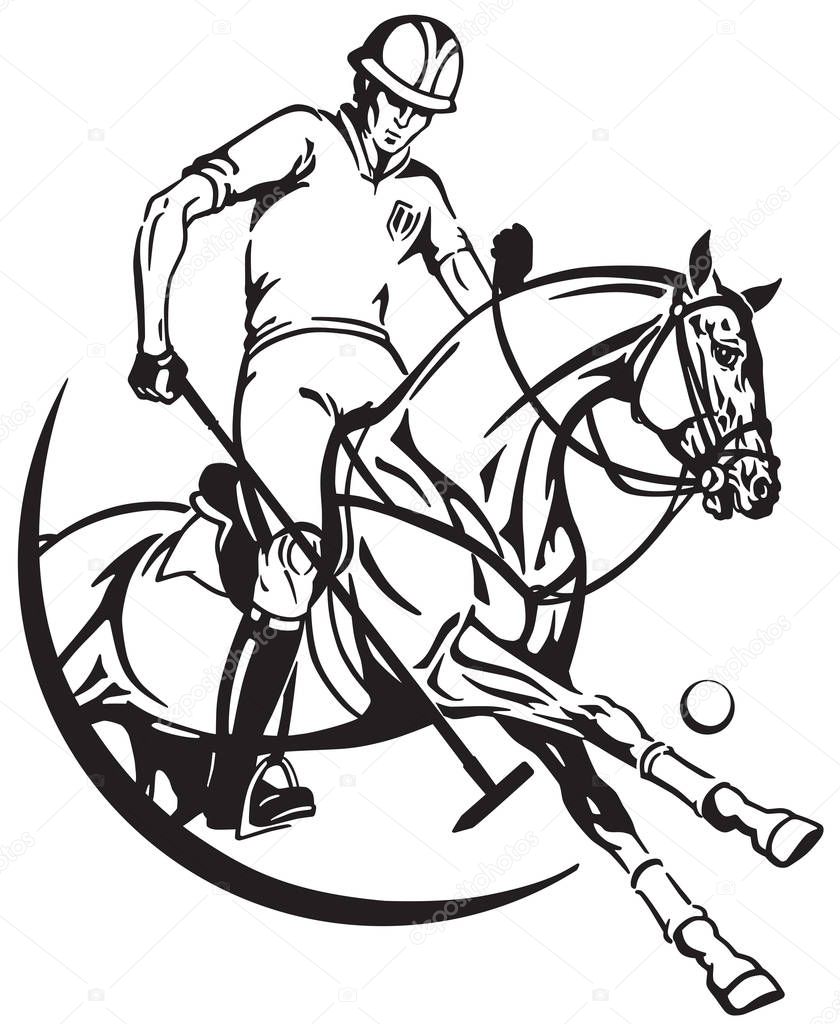 polo player sitting on a pony horseback and holding a long handled wooden mallet to hit a ball . The horse in gallop. Equestrian sport . Black and white vector illustration