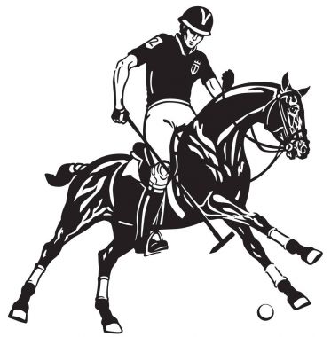 polo oyuncusu sopa bir midilli binicilik ve bir çekiç tutan bir topa vurmak için. Dörtnala at. Atlı spor siyah ve beyaz vektör çizim