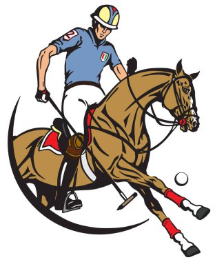 polo player sitting on a pony horseback and holding a long handled wooden mallet to hit a ball . The horse in gallop. Equestrian sport . Vector illustration clipart