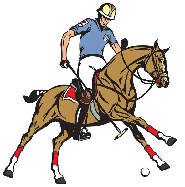 Equestrian Polo Sport Player Riding Pony Horse Holding Mallet Stick — Stock Vector