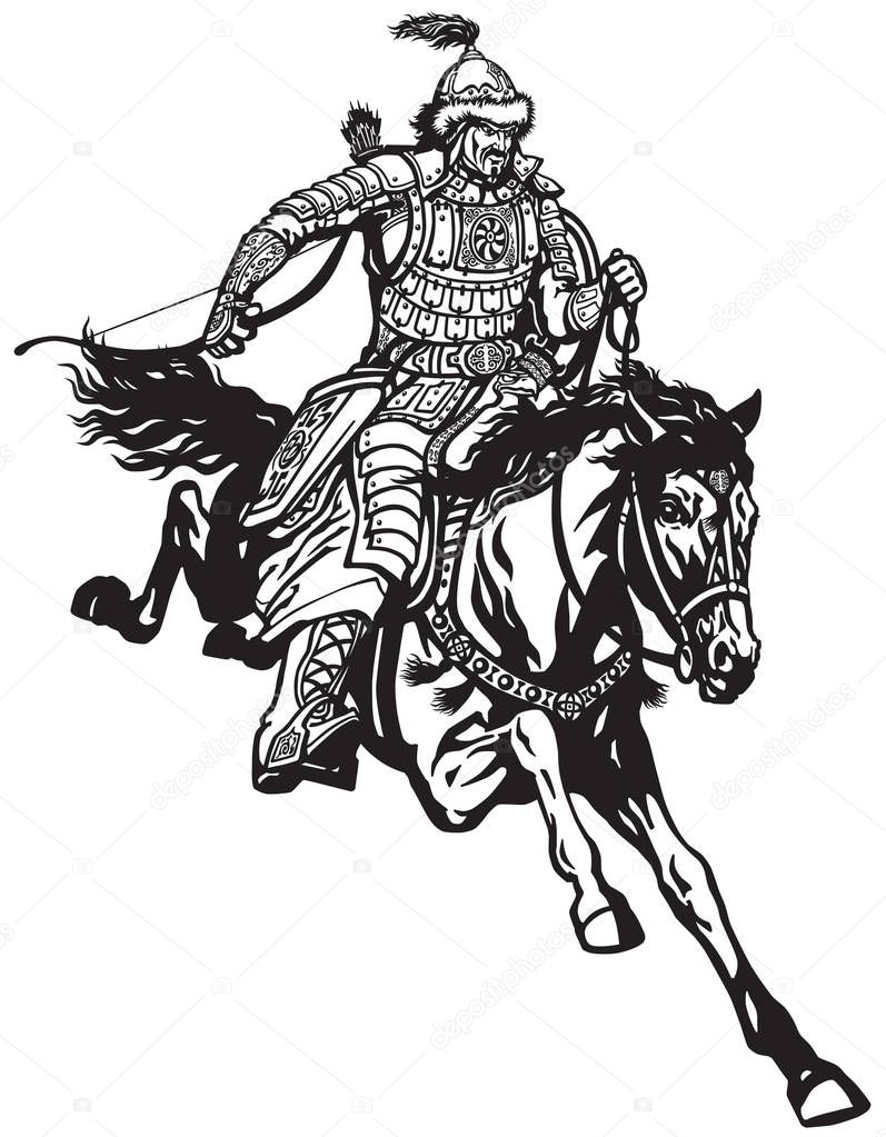 Mongolian archer warrior on a horseback riding a pony horse in the gallop and holding a bow .Medieval time of Genghis Khan . Black and white vector illustration