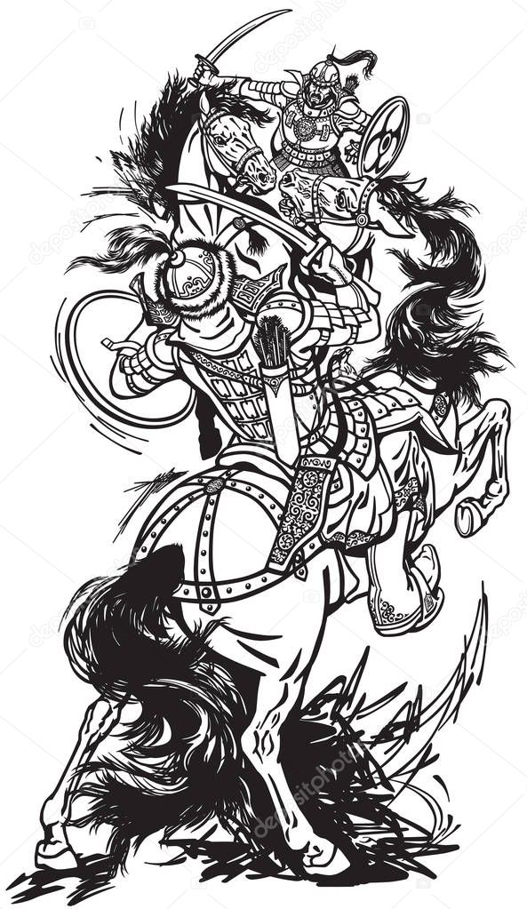 Combat of Mongolian warriors.  Horsemen soldiers sitting on pony horses and fighting with swords. Battle between Mongols clans and tribes .Time of Genghis Khan . Black and white vector illustration