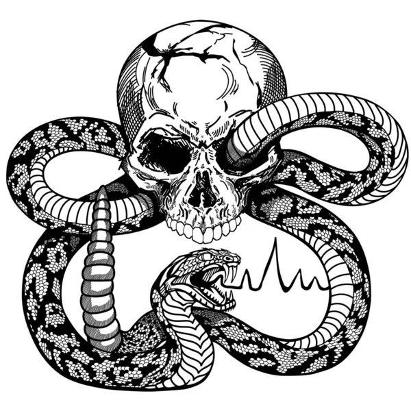 Ludzka czaszka i wąż. Czarno-biały tatuaż — Wektor stockowy
