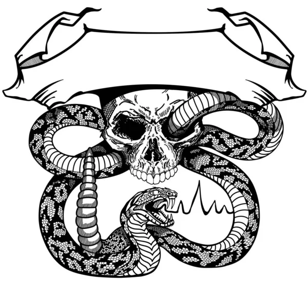 Crâne et serpent avec ruban. Noir et blanc — Image vectorielle