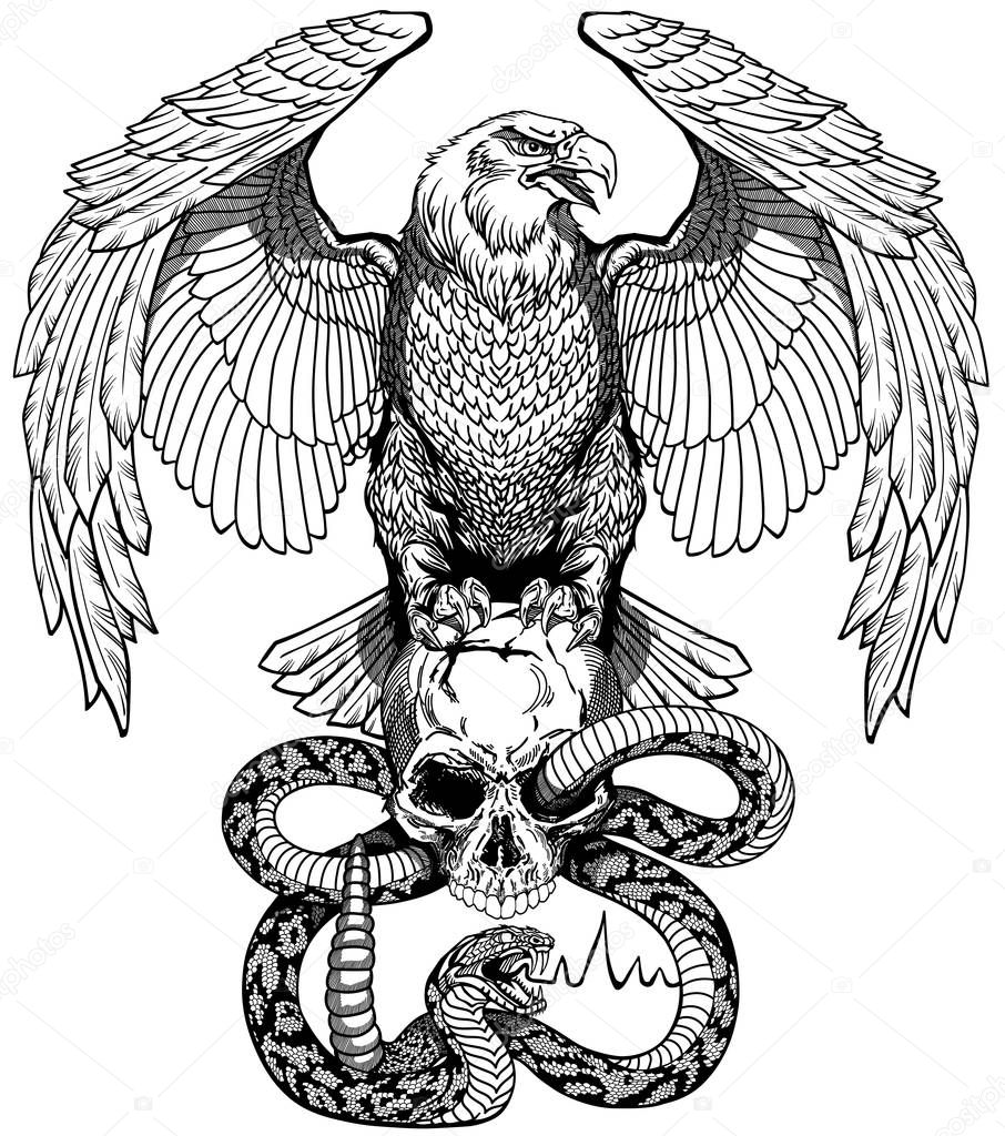 Eagle, human skull and snake. Black and white