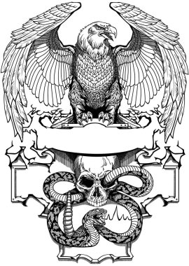 Kartal, yılan ve kafatası. Siyah ve beyaz tasarım şablonu