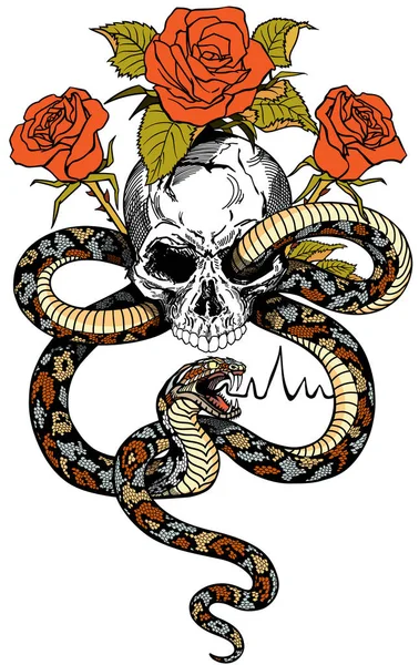 Totenkopf, Schlange und Rosen tätowiert — Stockvektor