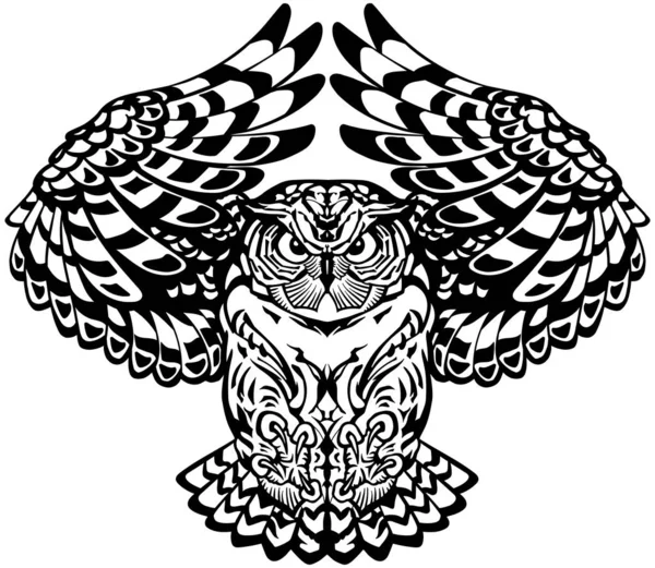 Flying owl. Black and white. Front view — Stock vektor