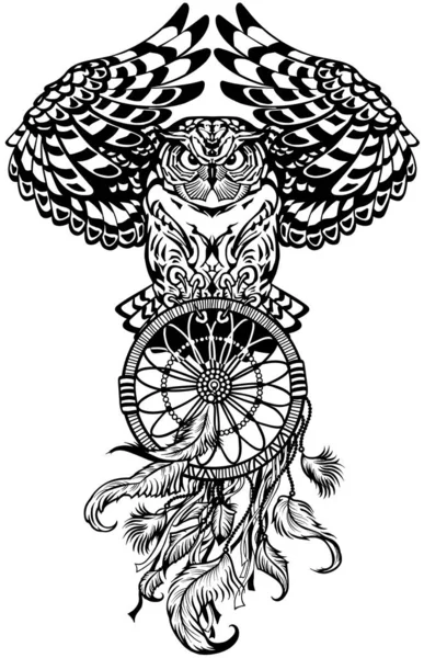 Owl with dreamcatcher. Black and white — Stock Vector
