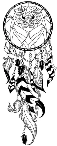 Owl dreamcatcher black and white — 图库矢量图片