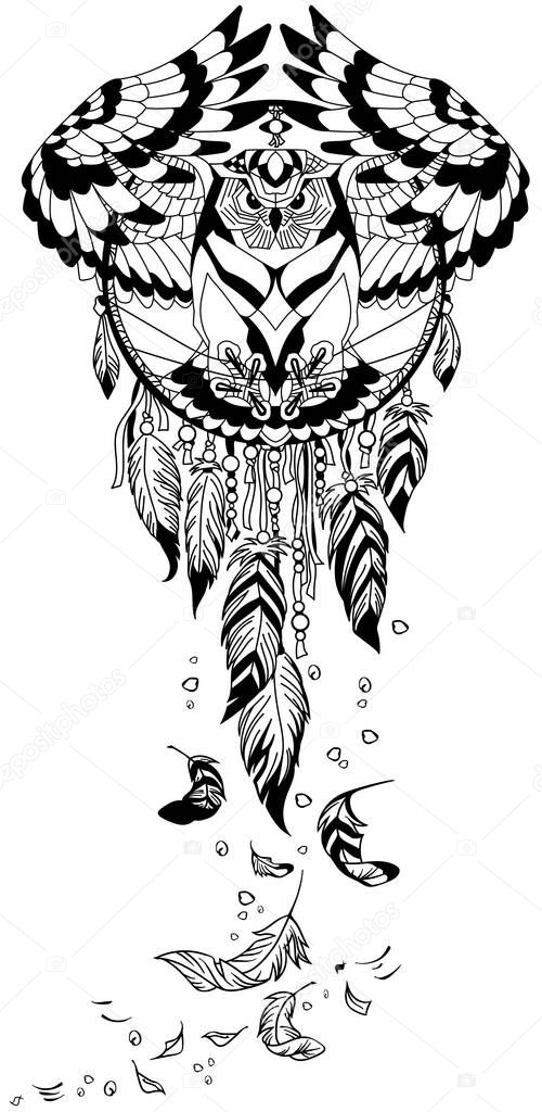 flying owl in the circle of dreamcatcher