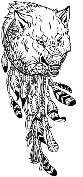 Attrapeur de rêves avec tête de loup — Image vectorielle