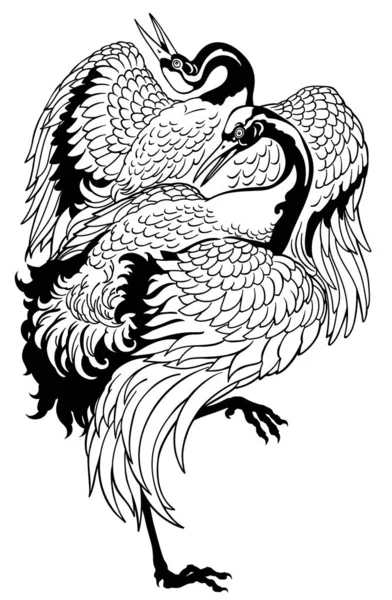 Japoński Żuraw Tańczące Dwie Pieczenie Czarno Biały Tatuaż Ilustracja Wektora — Wektor stockowy