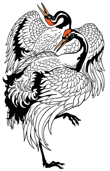 Guindaste Japonês Dançando Dois Pássaros Tatuagem Ilustração Vetorial —  Vetores de Stock