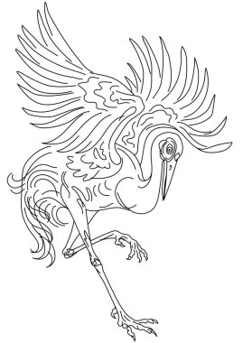 Dans eden Japon turna kuşu. Siyah beyaz çizgi dövmesi. Vektör illüstrasyonu